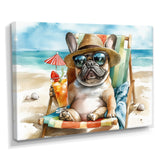 French Bulldog On The Beach Lounging - Brown Coastal Animal Wall Art