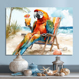 Macaw Parrot On A Beach Lounging Chair - Coastal Animal Canvas Wall Art
