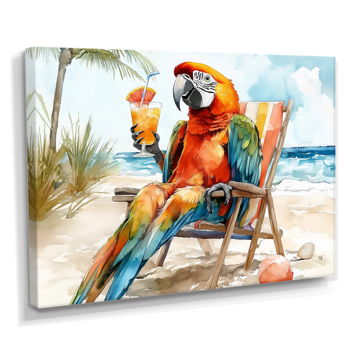 Macaw Parrot On A Beach Lounging Chair - Coastal Animal Canvas Wall Art