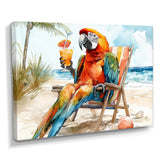 Macaw Parrot On A Beach Lounging Chair - Coastal Animal Canvas Wall Art