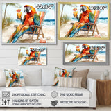 Macaw Parrot On A Beach Lounging Chair - Coastal Animal Canvas Wall Art