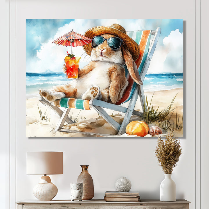 Rabbit On The Beach Relaxing - Coastal Animal Wall Art Prints