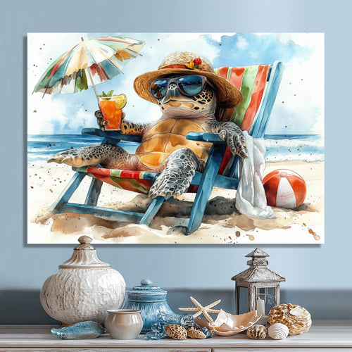 Turtle On The Beach Relaxing - Green Coastal Animal Wall Art