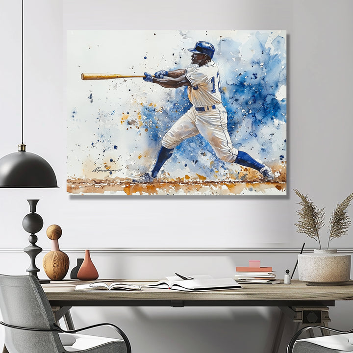 White Blue Baseball Player Hitting A Foul Ball - Sport Baseball Canvas Wall Art