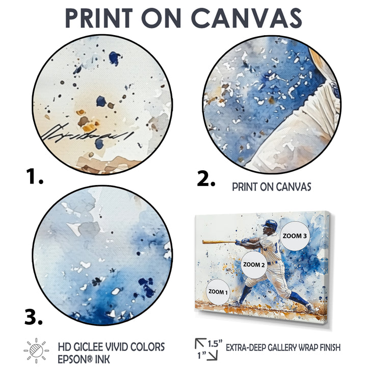 White Blue Baseball Player Hitting A Foul Ball - Sport Baseball Canvas Wall Art