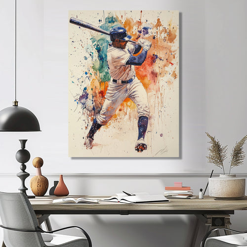 White Blue Baseball Player Hitting A Home Run - Sport Baseball Canvas Wall Art