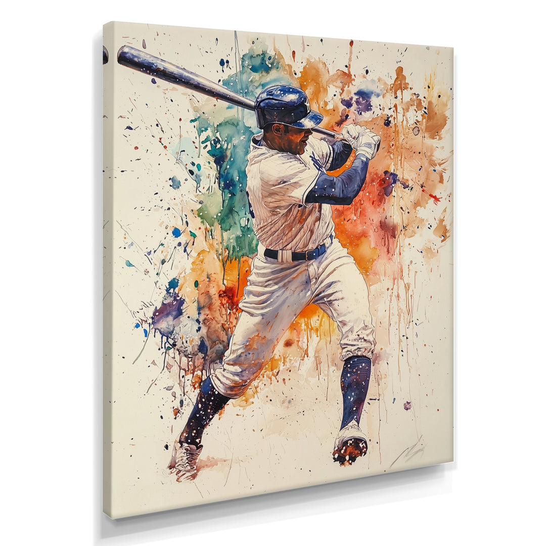 White Blue Baseball Player Hitting A Home Run - Sport Baseball Canvas Wall Art