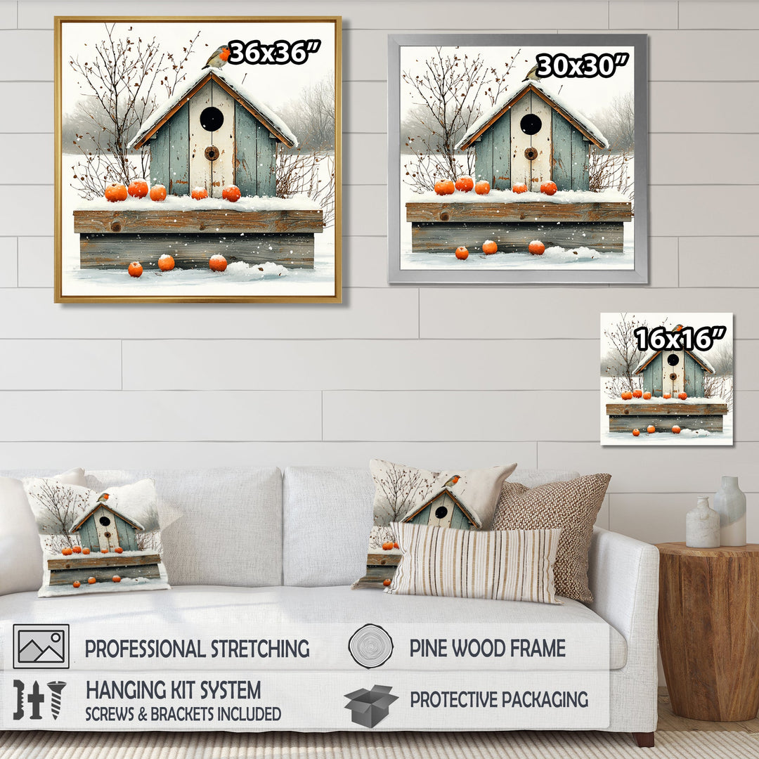 Grey And Orange Bird House Winter Wonderland - Bird House Wall Art Prints