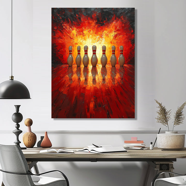 Yellow And Red Bowling Pin Topple - Bowling Canvas Wall Art