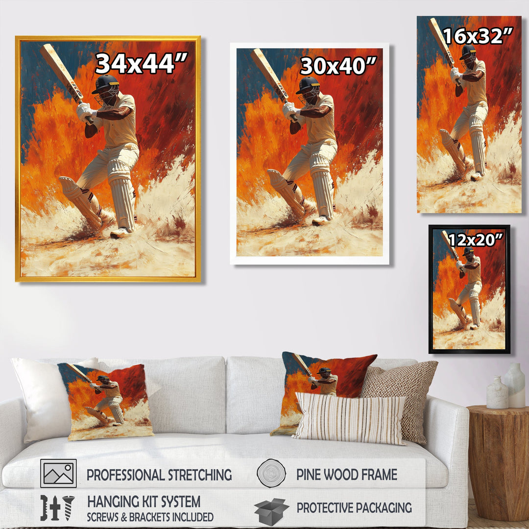 White And Orange Sport Cricket Batsmans Stance - Cricket Sport Canvas Wall Art