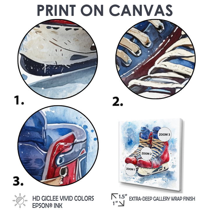 Red Blue Watercolor Hockey Skates - Sport Hockey Canvas Wall Art