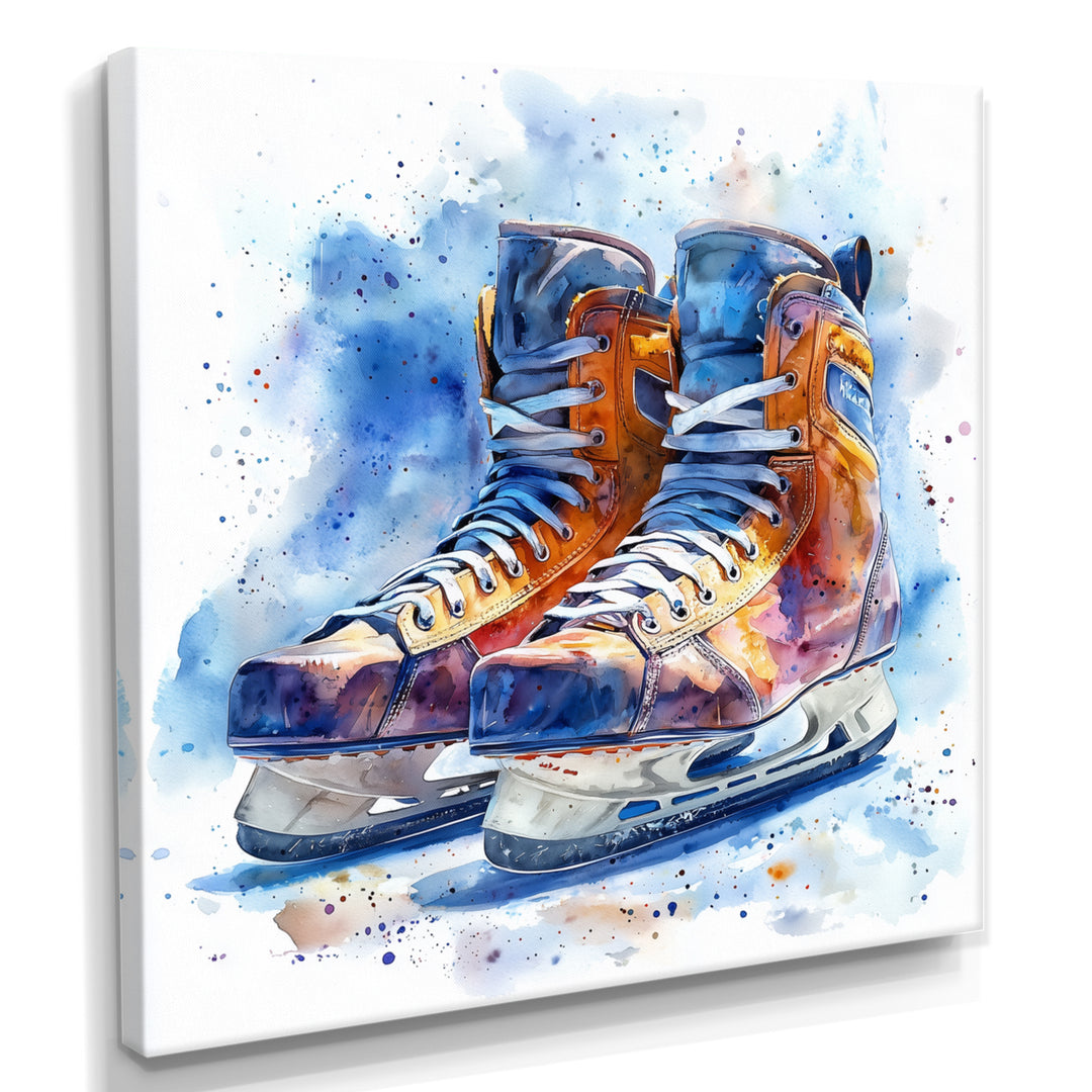 Yellow Blue Watercolor Hockey Skates - Sport Hockey Canvas Wall Art