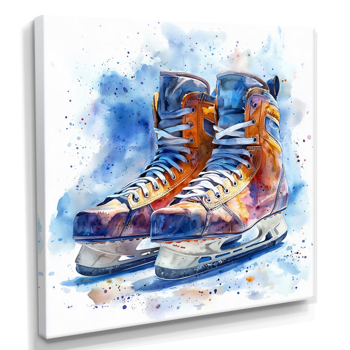 Yellow Blue Watercolor Hockey Skates - Sport Hockey Canvas Wall Art