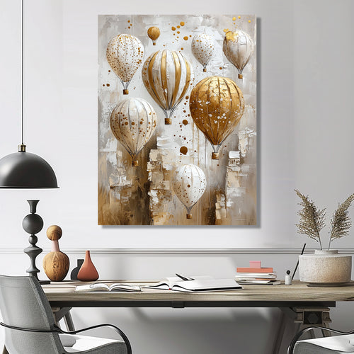 Hot Air Balloon In Gold And White Tones I - Hot Air Balloon Canvas Wall Art