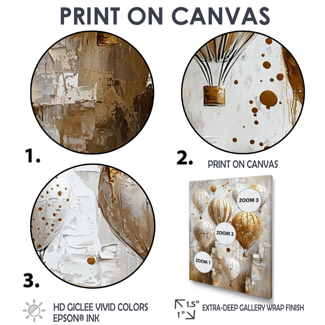 Hot Air Balloon In Gold And White Tones I - Hot Air Balloon Canvas Wall Art
