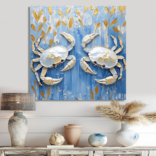 Blue White Coastal Crab Battle - Crab Wall Decor