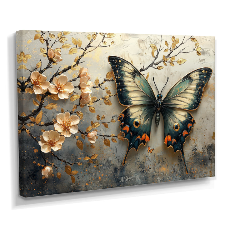 Vintage Butterfly On Cherry Blossom Branch - Blue Butterfly Wall Art