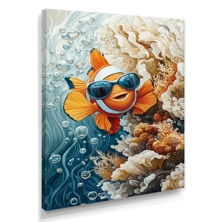 Orange Nemo Fish With Glasses In The Ocean - Fish Large Canvas Wall Art