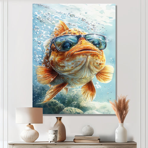 Orange Fish With Glasses In The Ocean - Fish Living Room Wall Art