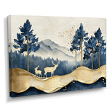 Golden Deer In Pine Tree Misty Mountain - Gold Deer Wall Art