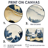 Golden Deer In Pine Tree Misty Mountain - Gold Deer Wall Art
