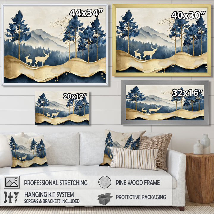 Golden Deer In Pine Tree Misty Mountain - Gold Deer Wall Art