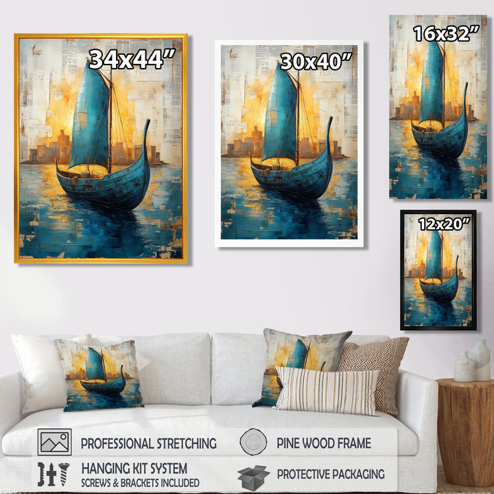 Blue Ancient Glory Greek Trireme Ship - Vikings Boat Canvas Wall Art