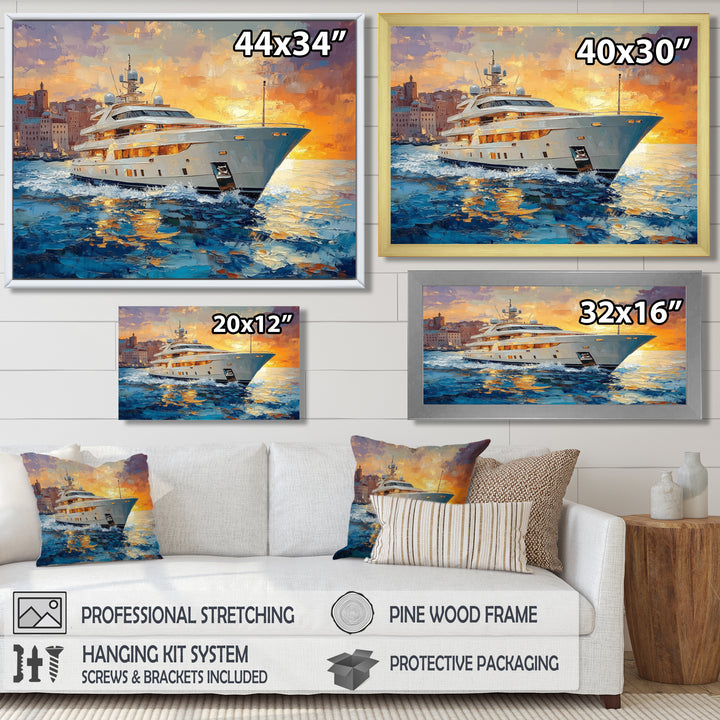 Blue Sophistication With Orange Boat Yacht Blend - Boat Yacht Canvas Wall Art