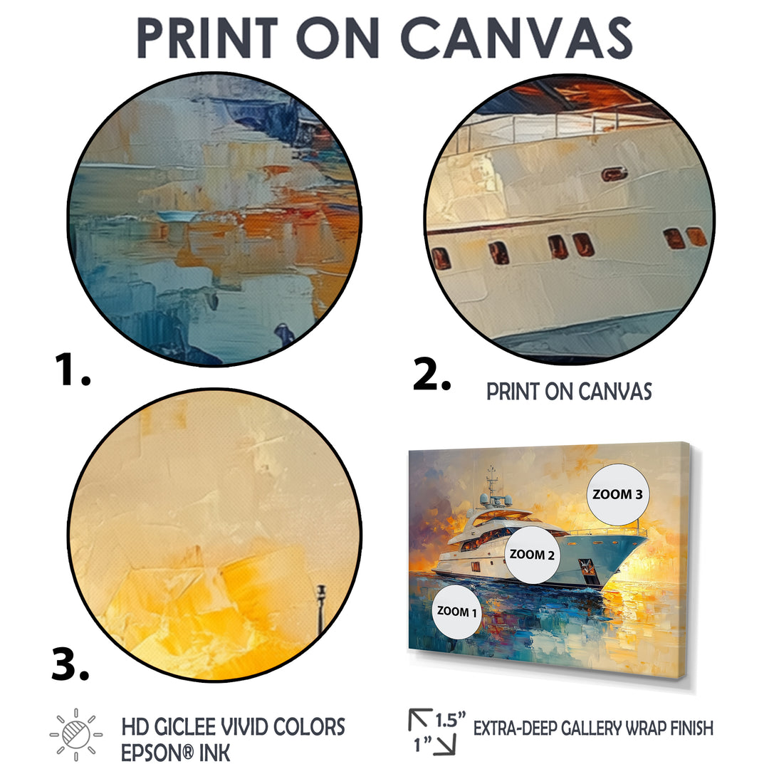 Boat Yacht In Blue And Yellow Tones - Boat Yacht Canvas Wall Art