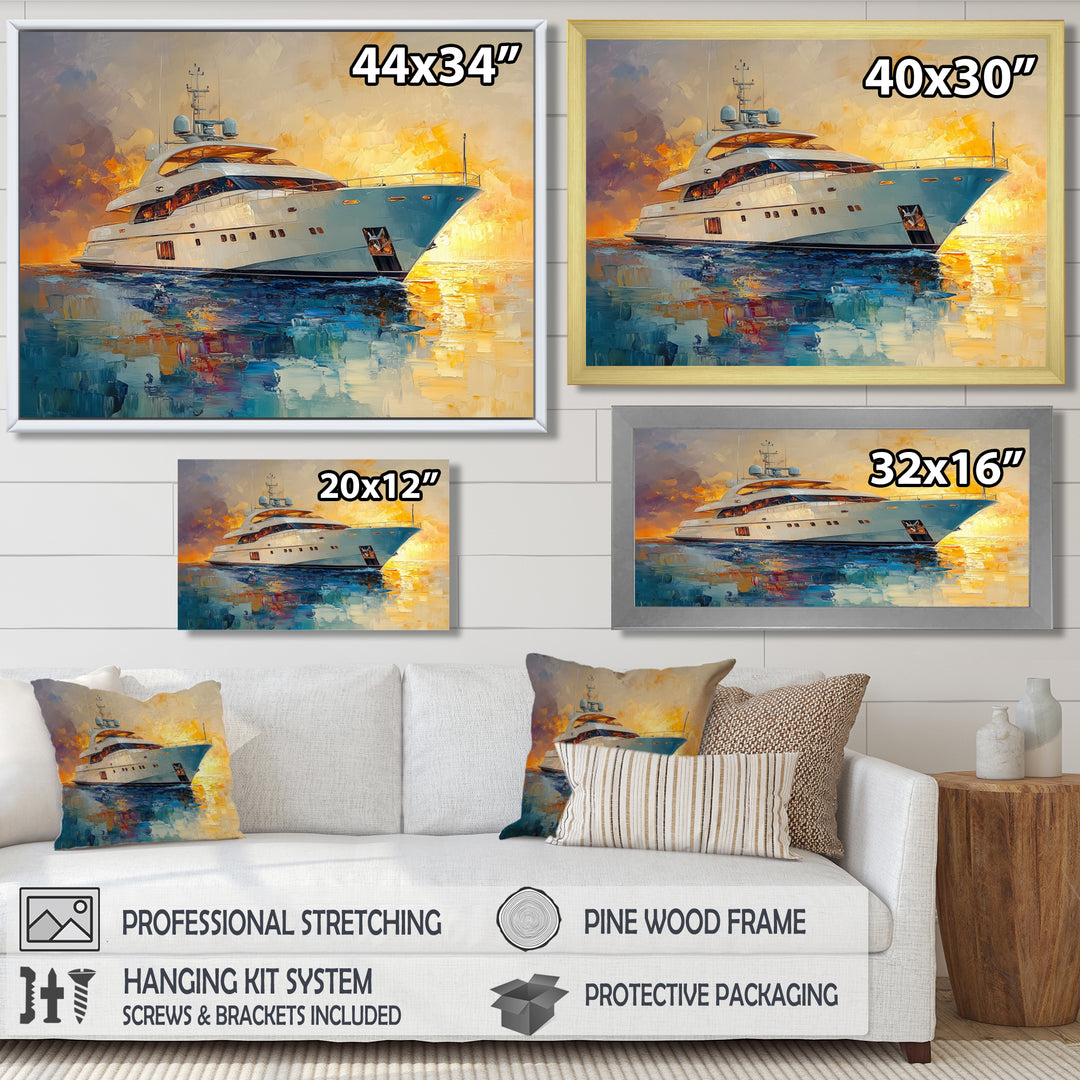 Boat Yacht In Blue And Yellow Tones - Boat Yacht Canvas Wall Art