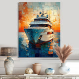 Boat Yacht In Green And Orange Tones - Boat Yacht Canvas Wall Art