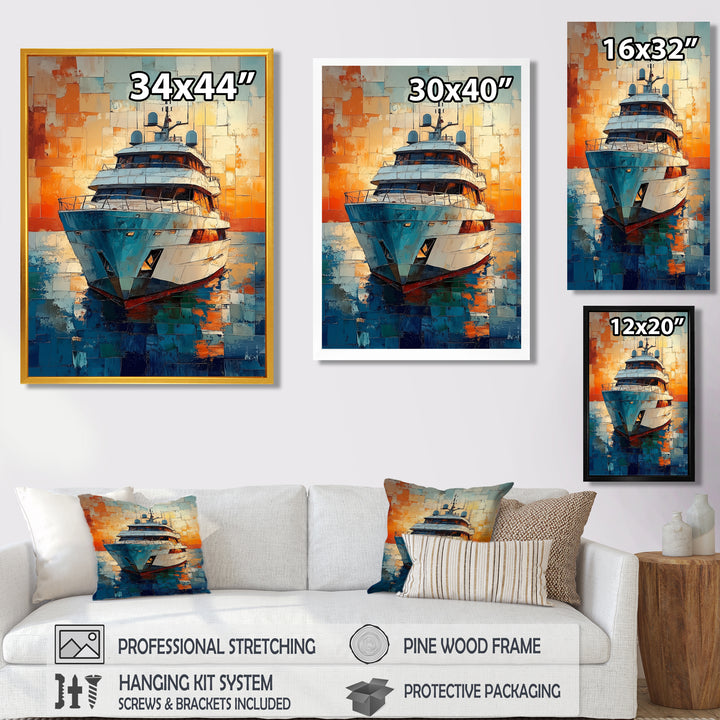 Boat Yacht In Green And Orange Tones - Boat Yacht Canvas Wall Art