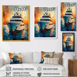 Boat Yacht In Green And Orange Tones - Boat Yacht Canvas Wall Art
