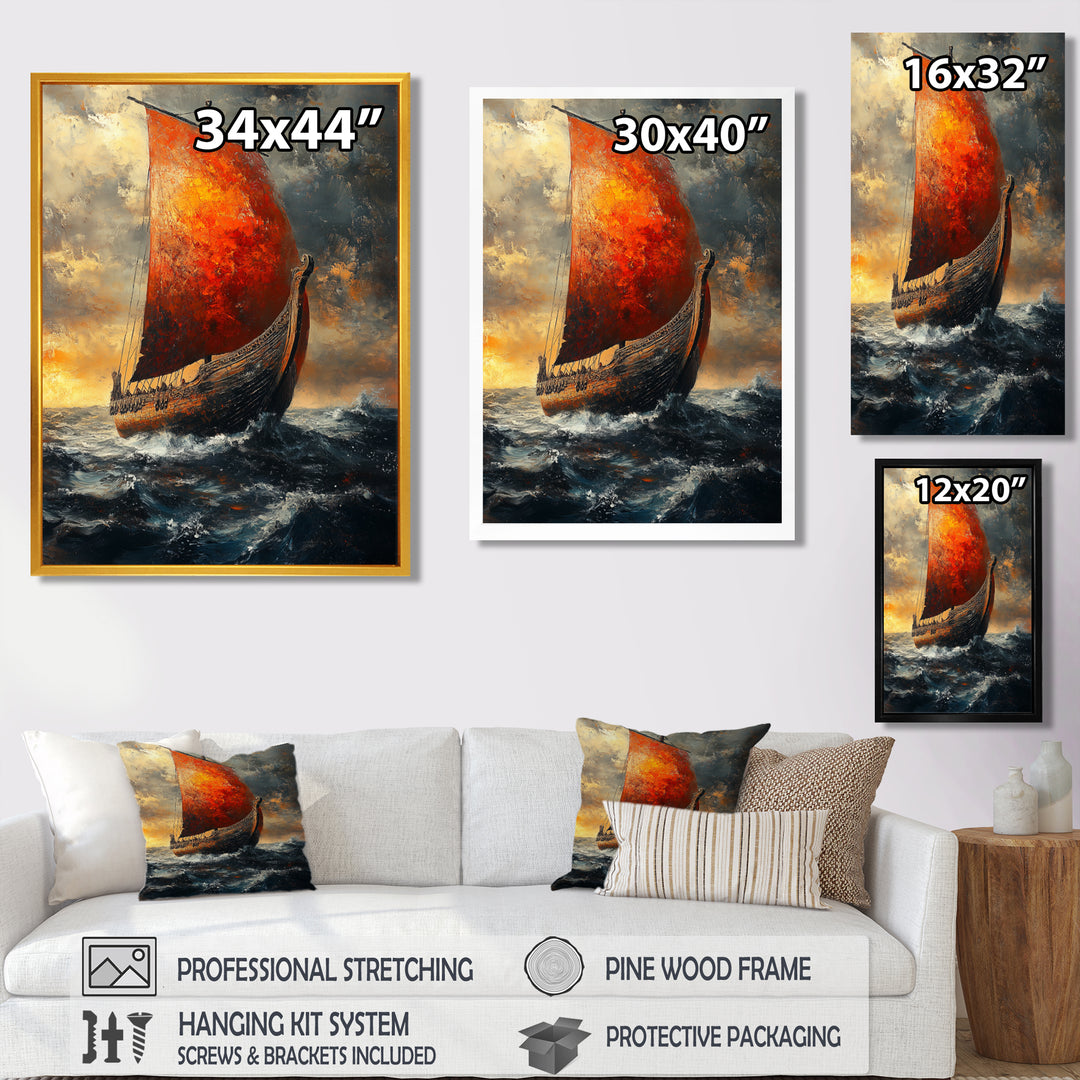 Red Vikings Boat Longship in Battle - Vikings Boat Canvas Wall Art