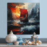 Red Vikings Boat Longship In The Icebergs - Vikings Boat Canvas Wall Art