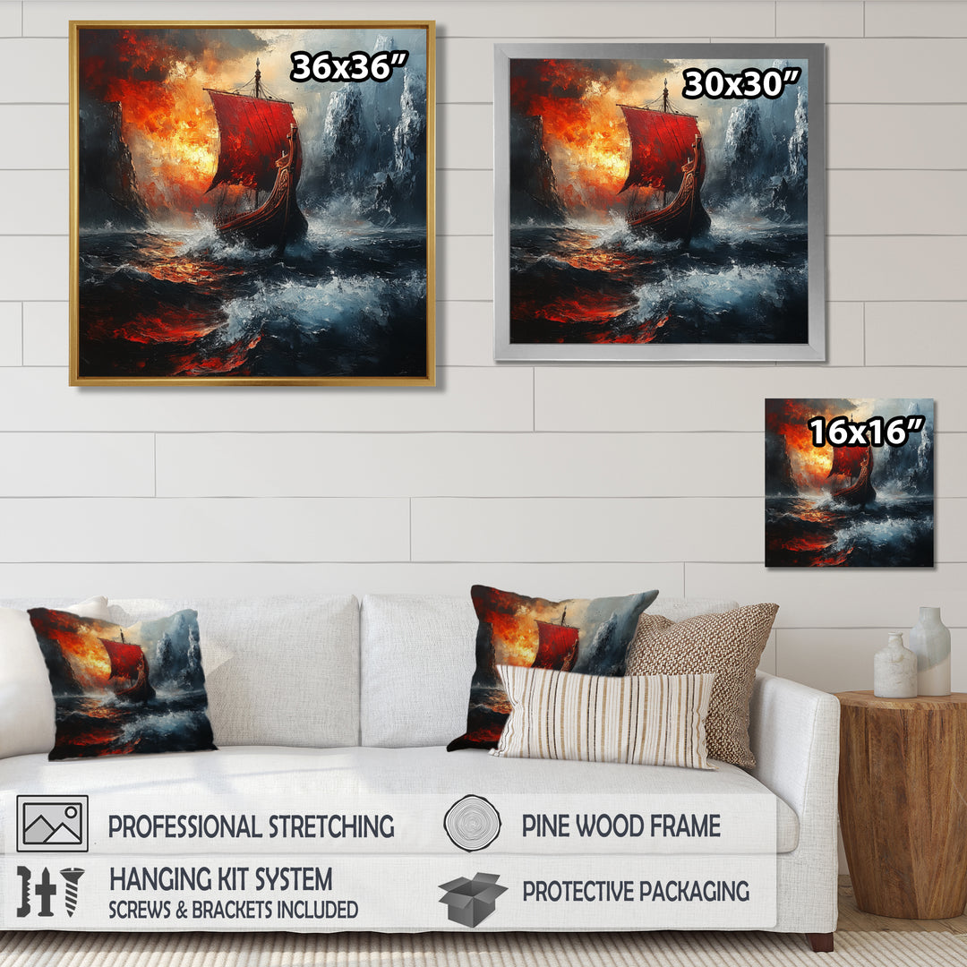 Red Vikings Boat Longship In The Icebergs - Vikings Boat Canvas Wall Art