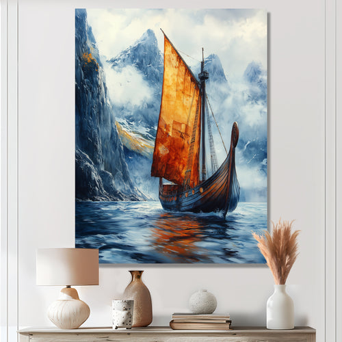Orange Vikings Boat Longship in Battle I - Vikings Boat Canvas Wall Art