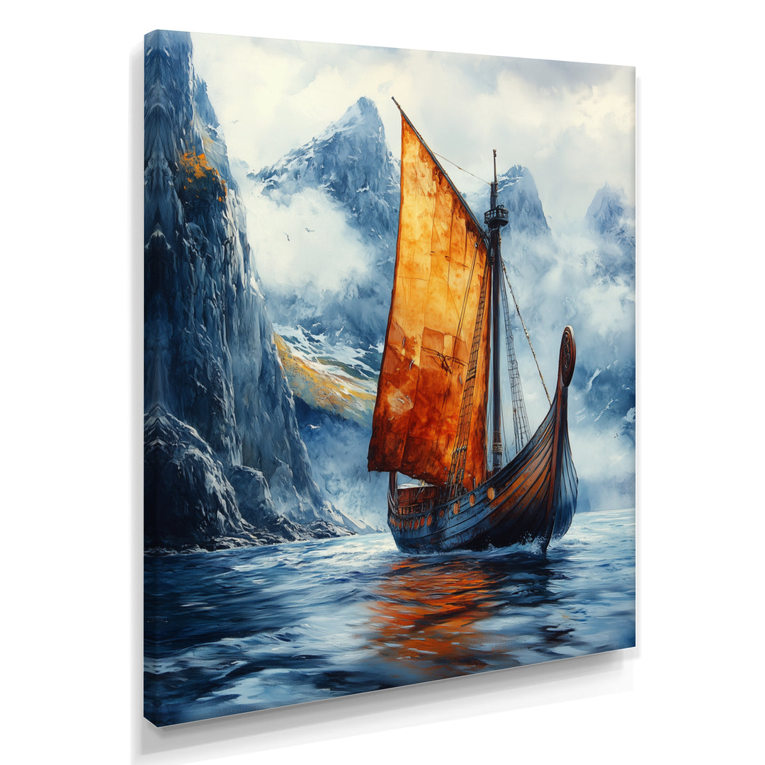 Orange Vikings Boat Longship in Battle I - Vikings Boat Canvas Wall Art