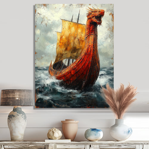 Yellow Vikings Boat Longship in Battle - Vikings Boat Canvas Wall Art