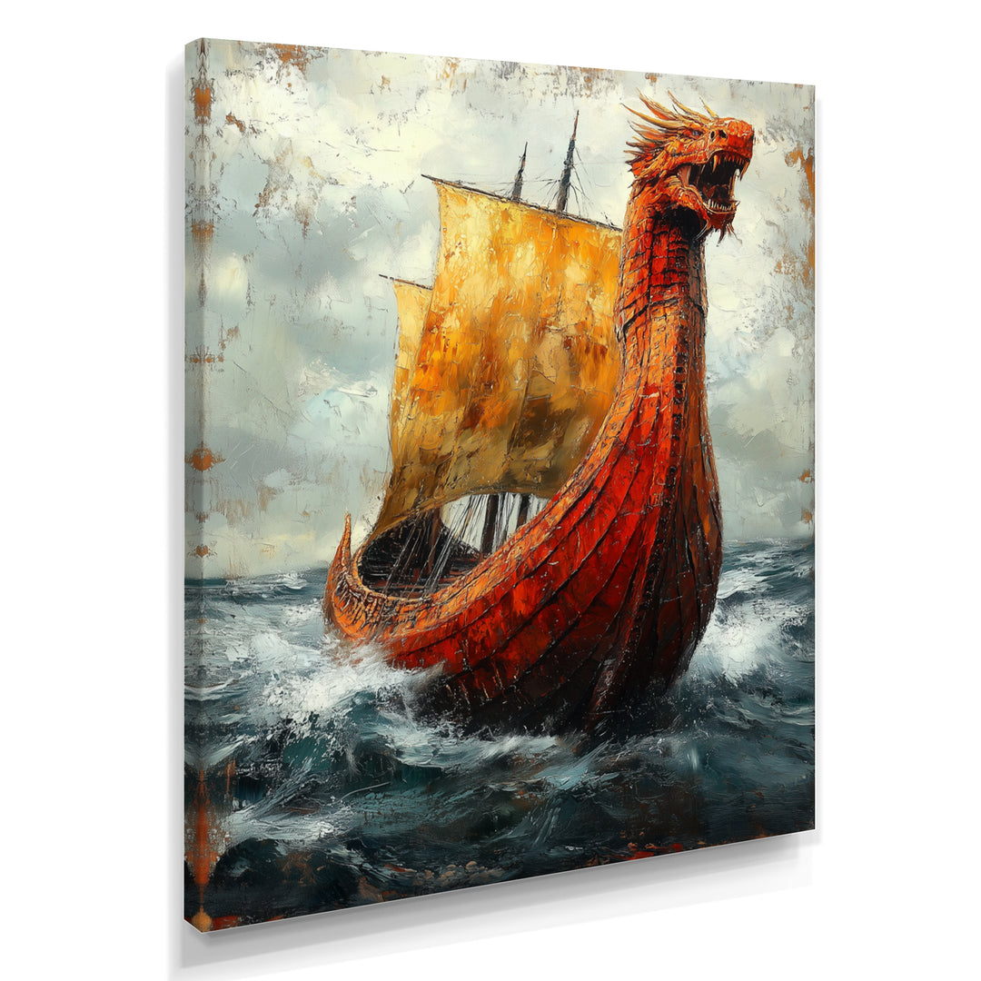 Yellow Vikings Boat Longship in Battle - Vikings Boat Canvas Wall Art
