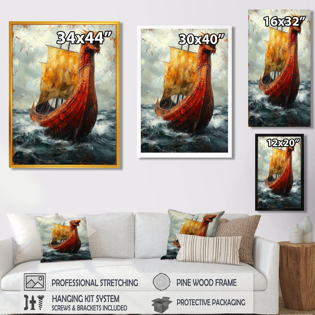 Yellow Vikings Boat Longship in Battle - Vikings Boat Canvas Wall Art