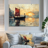 Red Vikings Boat Viking Sailors Life At Sea - Vikings Boat Canvas Wall Art