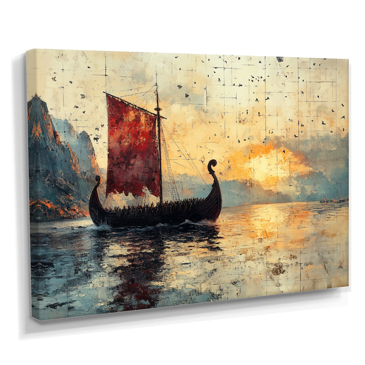 Red Vikings Boat Viking Sailors Life At Sea - Vikings Boat Canvas Wall Art