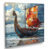 Orange Vikings Boat Viking Warriors On The Beach I - Vikings Boat Canvas Wall Art