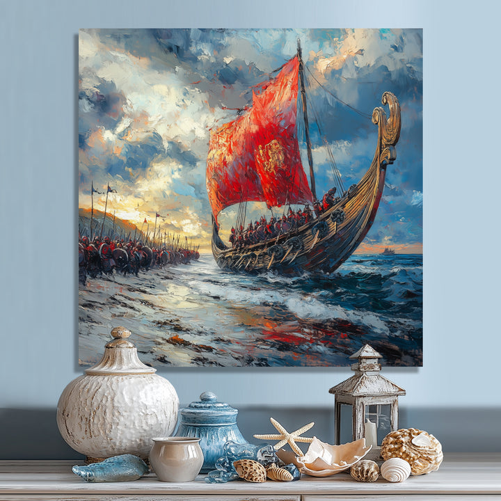Red Vikings Boat Viking Warriors On The Beach - Vikings Boat Canvas Wall Art