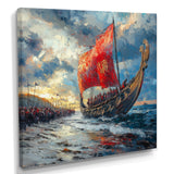 Red Vikings Boat Viking Warriors On The Beach - Vikings Boat Canvas Wall Art