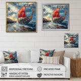 Red Vikings Boat Viking Warriors On The Beach - Vikings Boat Canvas Wall Art