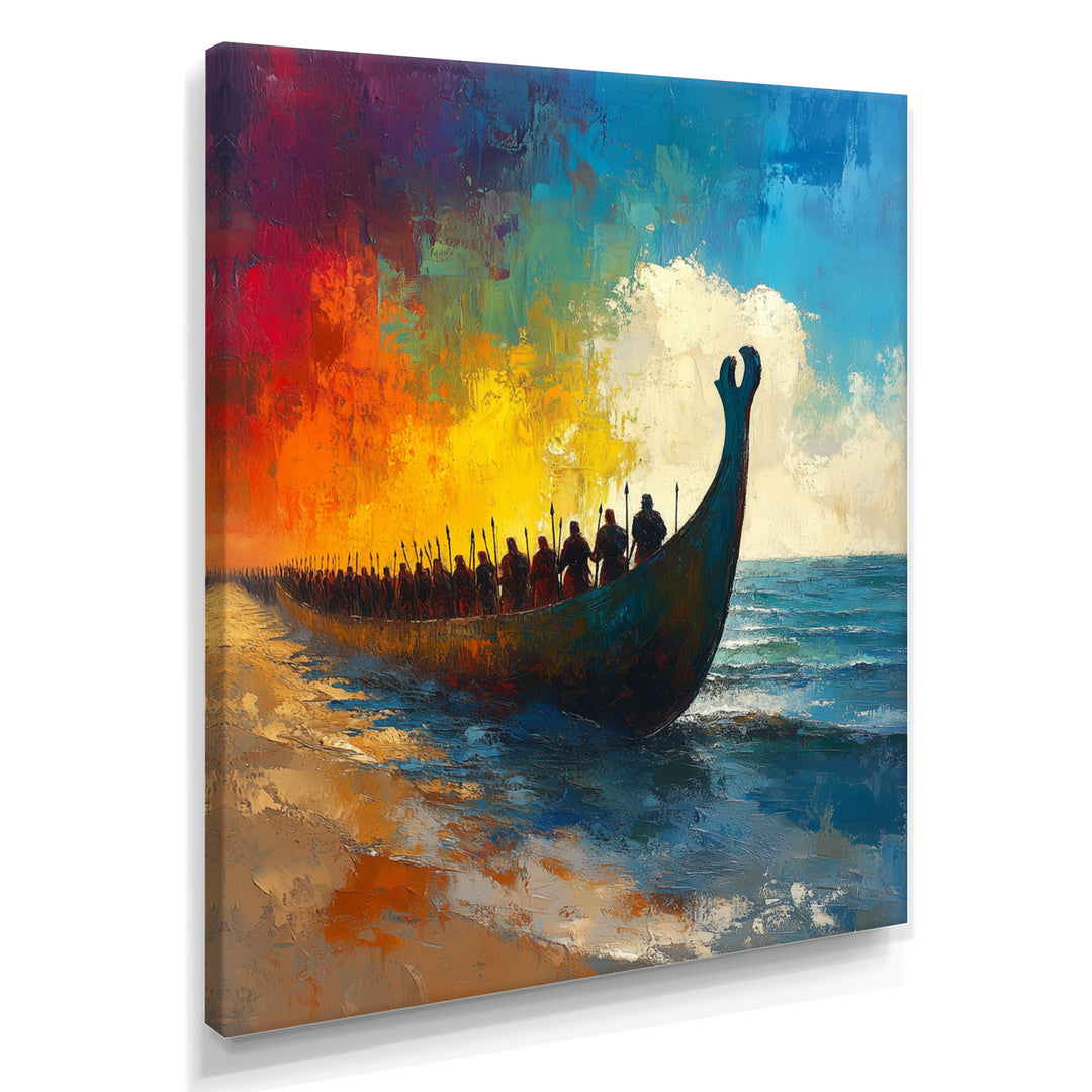Black Vikings Boat Viking Warriors On The Beach - Vikings Boat Canvas Wall Art