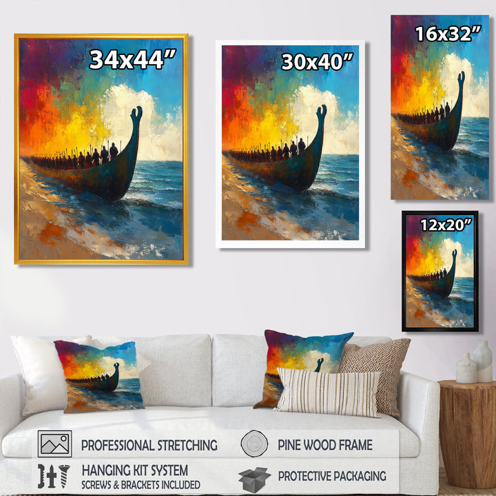 Black Vikings Boat Viking Warriors On The Beach - Vikings Boat Canvas Wall Art