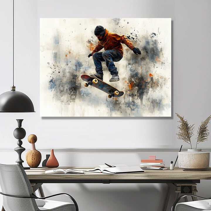 Black Skateboard Street Accented With Orange I - Skateboard Canvas Wall Art